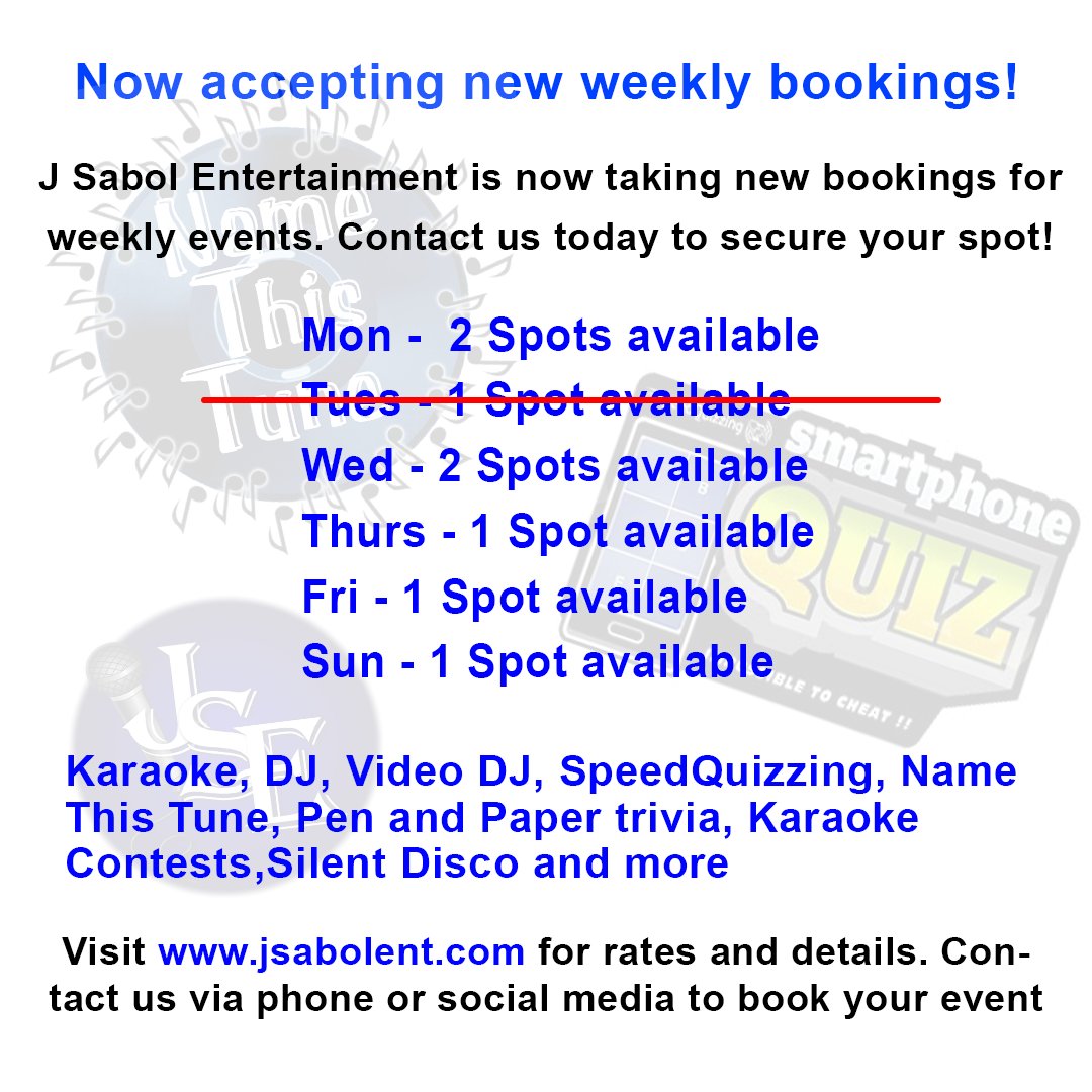 JSabolEnt's tweet photo. Our roster is filling up, but we still have some open spots! Who needs some weekly entertainment? https://t.co/W05jt6oQ4D