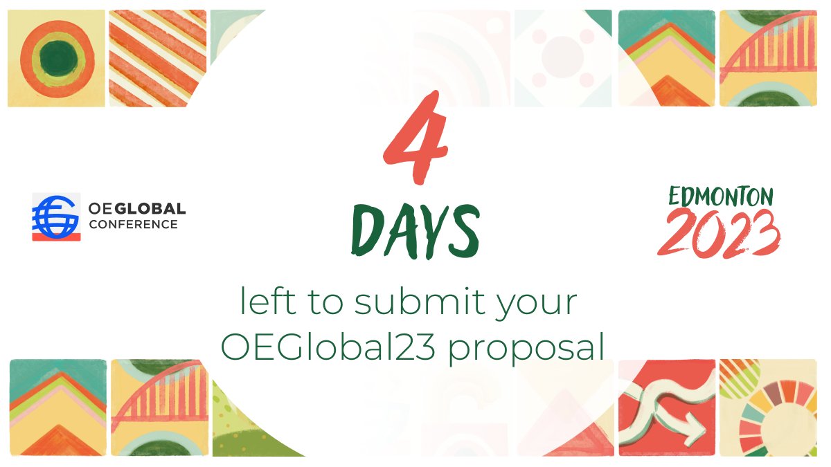 Open Education Global (@openedglobal) on Twitter photo Open Education is changing rapidly! At the #OEGlobal23 we're looking at how to create a sustainable #openfuture for education.
Share your ideas at #OEGlobal23 👉 oeg.pub/OEGlobal23_CFP
#4DaysToSubmit 
🔜 Closes May 15 
 #whatareyousharing #Education #Academics #conference Open Education is changing rapidly! At the #OEGlobal23 we're looking at how to create a sustainable #openfuture for education.
Share your ideas at #OEGlobal23 👉 oeg.pub/OEGlobal23_CFP
#4DaysToSubmit 
🔜 Closes May 15 
 #whatareyousharing #Education #Academics #conference