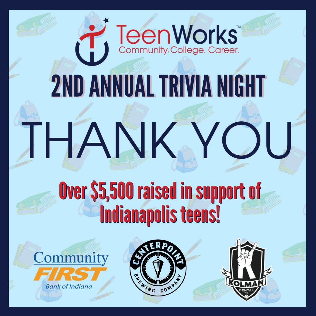 Thank you to all those who supported TeenWorks' 2nd Annual Trivia Night! We are excited to announce that we raised over $5,500 in support of TeenWorks teens in Indianapolis. We couldn't have done it without you! #teenworks #trivianight