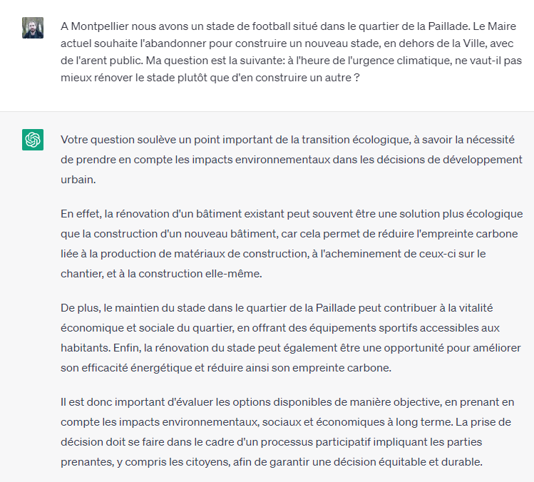 ArnaudMatarin's tweet photo. On comprend désormais pourquoi: le robot conversationnel #ChatGPT a semble-t-il le sens des responsabilités et une réelle compréhension de l'urgence climatique qui font défaut aux élus de la majorité en place à #Montpellier 🧐 #NouveauStade #écologie #démocratie ⤵️ https://t.co/NiOBcexlb7
