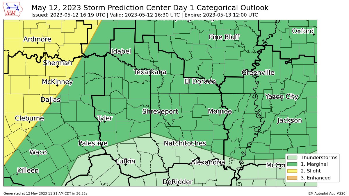 SPC issues Day 1 Marginal Convective Risk at May 12, 16:19z for SHV spc.noaa.gov/products/outlo…