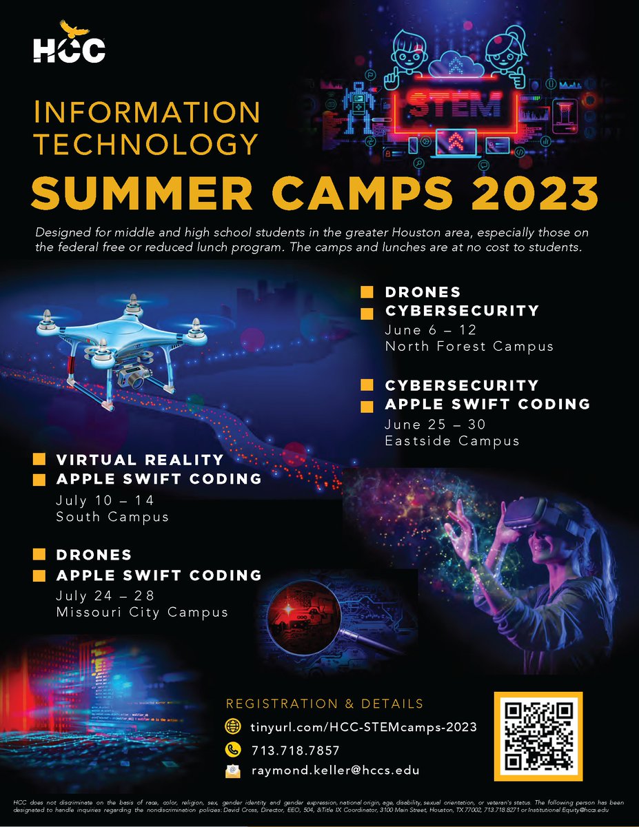 Information Technology Summer Camps 2023, designed for middle and high school students in the greater Houston area, especially those on the federal free or reduced lunch program. #WeAreHCC #HCCSoutheast