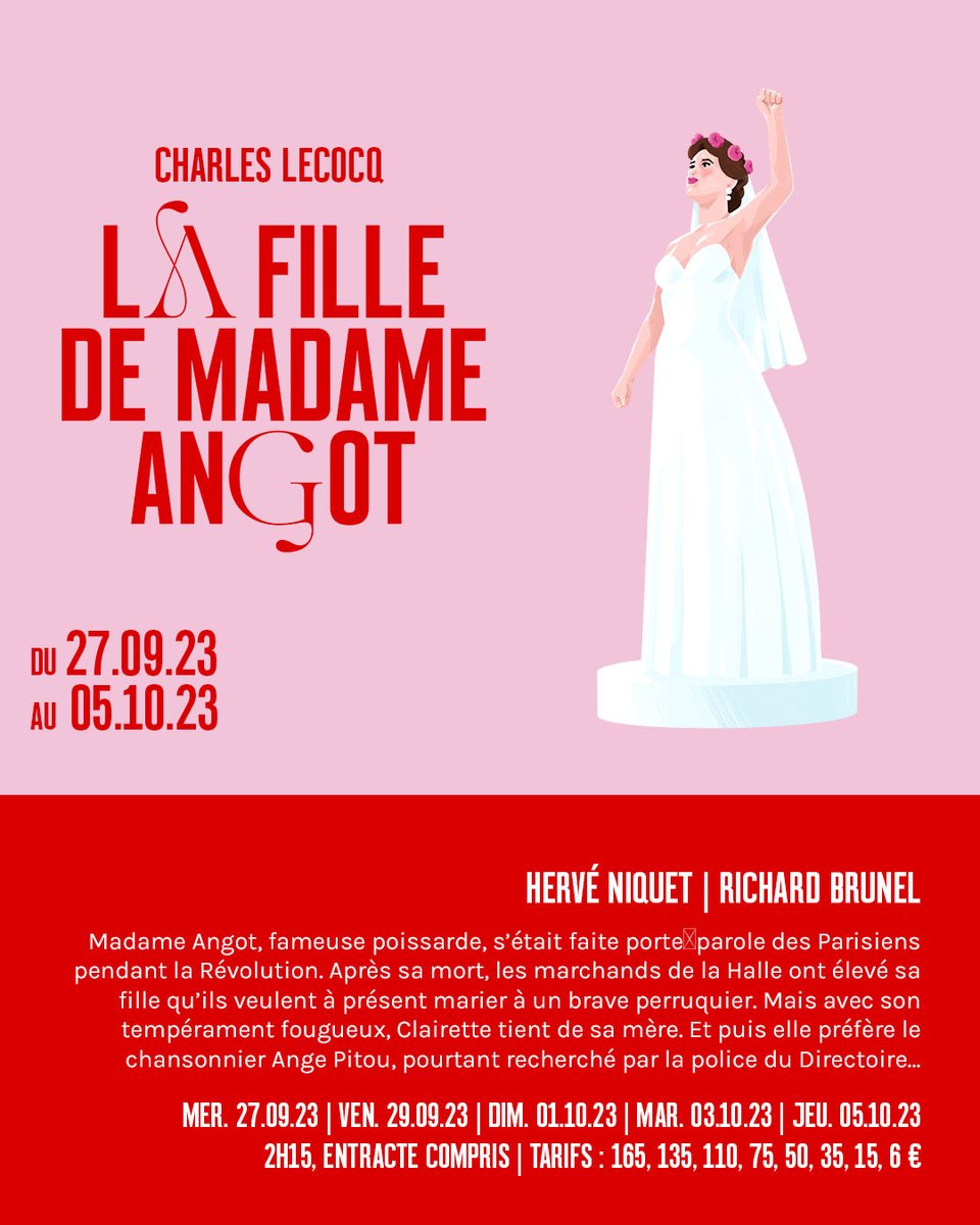 La saison 23/24 de l'Opéra-Comique s'ouvrira avec une nouvelle production de La Fille de Madame Angot, de Charles Lecocq, classique du répertoire ! 

Du 27.09.23 au 05.10.23

Direction musicale, <a href="/HerveNiquet/">Hervé Niquet</a> | Mise en scène <a href="/RichardBrunel/">Richard Brunel</a> 

bit.ly/TwFilleMadameA…