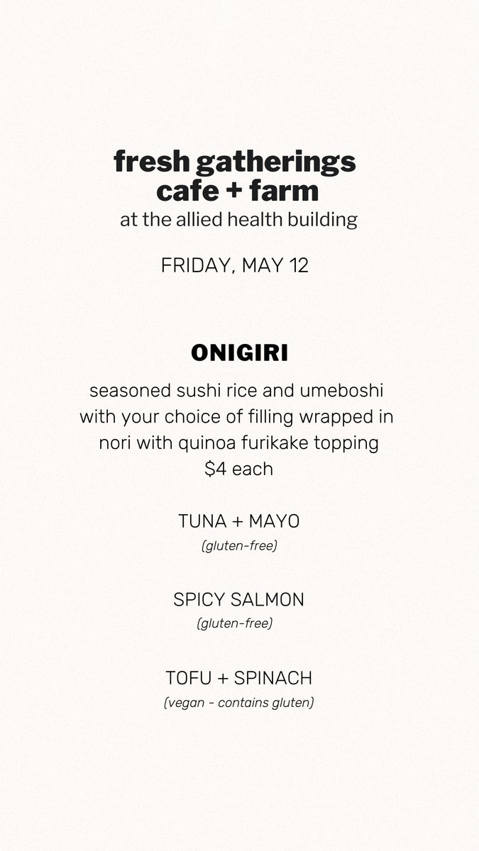 Fresh Gatherings Cafe + Farm (@freshgatherings) on Twitter photo Last lunch special of the spring semester is happening now! Serving ONIGIRI at our Allied Health Building location starting at 11:00 until we sell out. Come see us!
<a href="/slunutrition/">SLU Nutrition & Dietetics</a> <a href="/SLU_Official/">Saint Louis University</a> <a href="/sludchs/">SLU Doisy College of Health Sciences</a> <a href="/SLUHospital/">SLU Hospital</a> <a href="/slusom/">SLU Medicine</a> Last lunch special of the spring semester is happening now! Serving ONIGIRI at our Allied Health Building location starting at 11:00 until we sell out. Come see us!
<a href="/slunutrition/">SLU Nutrition & Dietetics</a> <a href="/SLU_Official/">Saint Louis University</a> <a href="/sludchs/">SLU Doisy College of Health Sciences</a> <a href="/SLUHospital/">SLU Hospital</a> <a href="/slusom/">SLU Medicine</a>