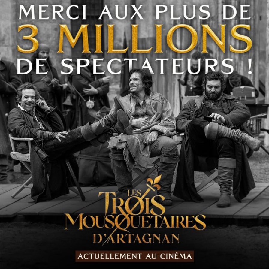 Le Box-Office des films en France et dans le Monde (@boxofficefr) on Twitter photo ⚔️ Belle performance pour #LesTroisMousquetairesDArtagnan qui dépasse les 3 millions d’entrées avant son 6ème Week-End. Il devrait finir sa carrière autour de 3,5 millions 🙌👏 cc <a href="/PatheFilms/">Pathé Films</a> <a href="/MBourboulon/">Martin Bourboulon</a> <a href="/Dimitri_Rassam/">Dimitri Rassam</a> ⚔️ Belle performance pour #LesTroisMousquetairesDArtagnan qui dépasse les 3 millions d’entrées avant son 6ème Week-End. Il devrait finir sa carrière autour de 3,5 millions 🙌👏 cc <a href="/PatheFilms/">Pathé Films</a> <a href="/MBourboulon/">Martin Bourboulon</a> <a href="/Dimitri_Rassam/">Dimitri Rassam</a>