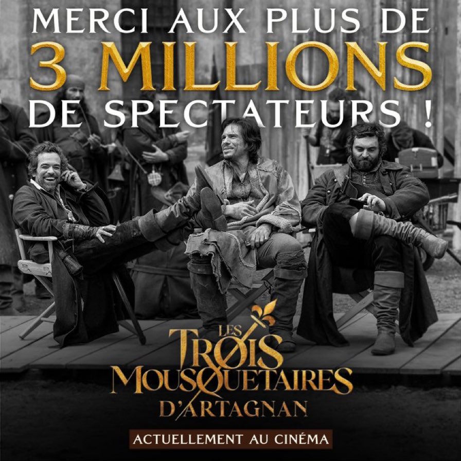 ⚔️ Belle performance pour #LesTroisMousquetairesDArtagnan qui dépasse les 3 millions d’entrées avant son 6ème Week-End. Il devrait finir sa carrière autour de 3,5 millions 🙌👏 cc @PatheFilms @MBourboulon @Dimitri_Rassam