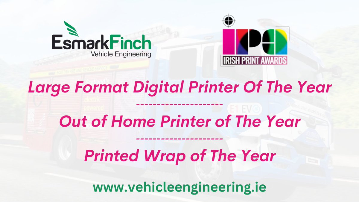 EsmarkFinchVeh's tweet photo. IT'S AWARD TIME!!!
Esmark Finch Vehicle Engineering are delighted to be nominated for three awards at this evenings Irish Print Awards for our recent work on a special Emergency One Electric Powered Fire Appliance.
#EsmarkFinch #VehicleEngineering #IrishPrintAwards #Nominated https://t.co/QcRLhzDkK7