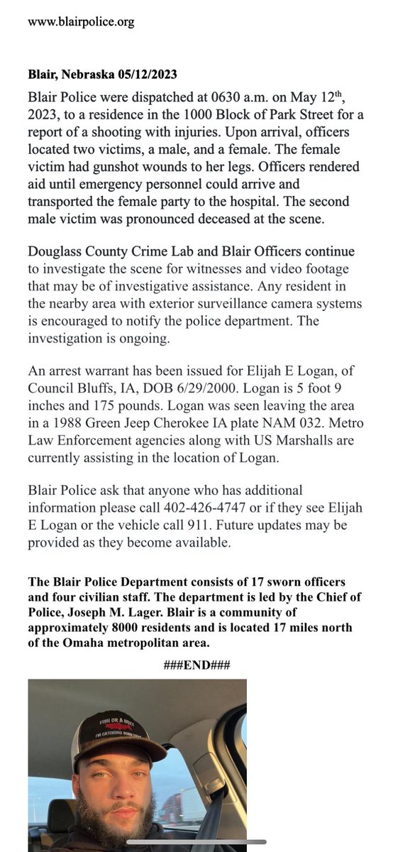 AbbiePetersen's tweet photo. HAVE YOU SEEN HIM? Blair Police have a warrant out for Elijah Logan - who they believe shot 2 people, killing one of them. https://t.co/iy63hwYtwL