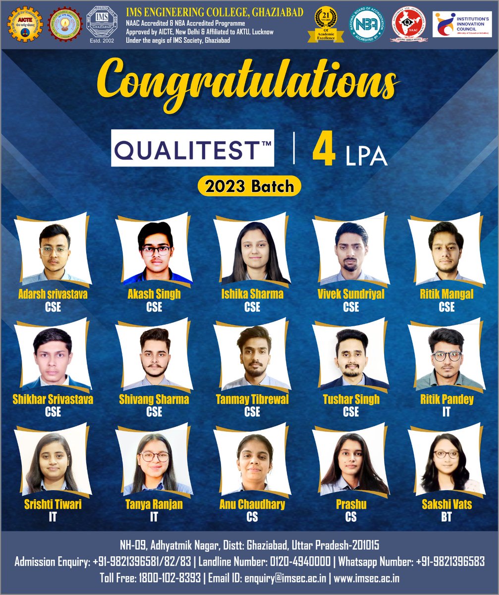 Congrats on achieving such a significant milestone.
Best Wishes.
#imsec143 #engineering #college #aktu #btech #campus #admissionopen #AICTE #mca #mba #mbaadmission #placement #aktu_india