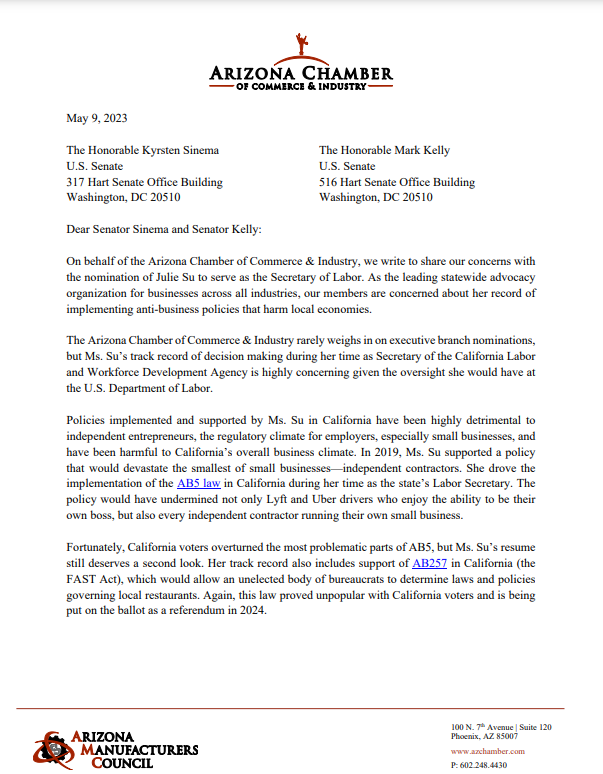 clicktecs's tweet image. Franchising411: .@AZChamber speaks out against the nomination of Julie Su to serve as Secretary of Labor. &quot;Our members are concerned about her record of implementing anti-business policies that harm local economies.&quot; @SenatorSinema @SenMarkKelly