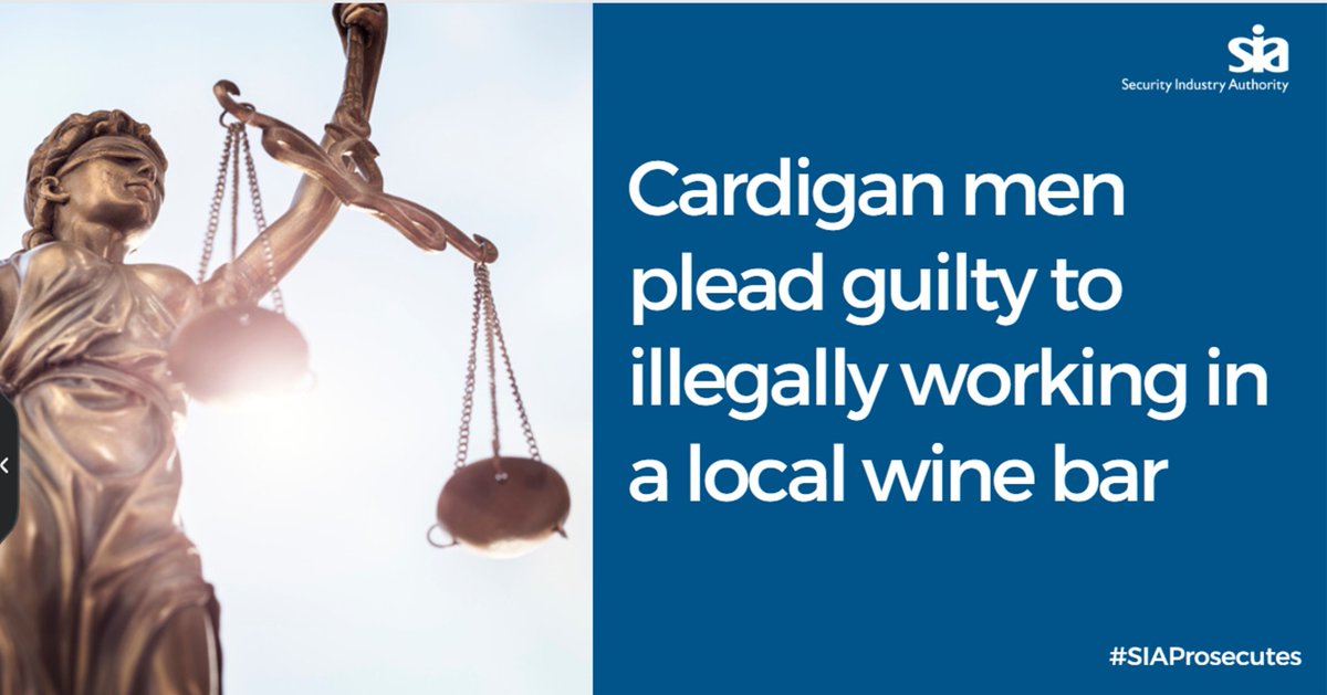SIAuk's tweet photo. Two men who worked illegally at a Cardigan wine bar - and who suffered injuries following fights at the bar - pleaded guilty. They  were fined and now have criminal records. Read the full story: https://t.co/uQWP6z9oLM @SIAProsecutes @SIAWestRegion  #SIAProsecutes https://t.co/Do4WI2j9R4