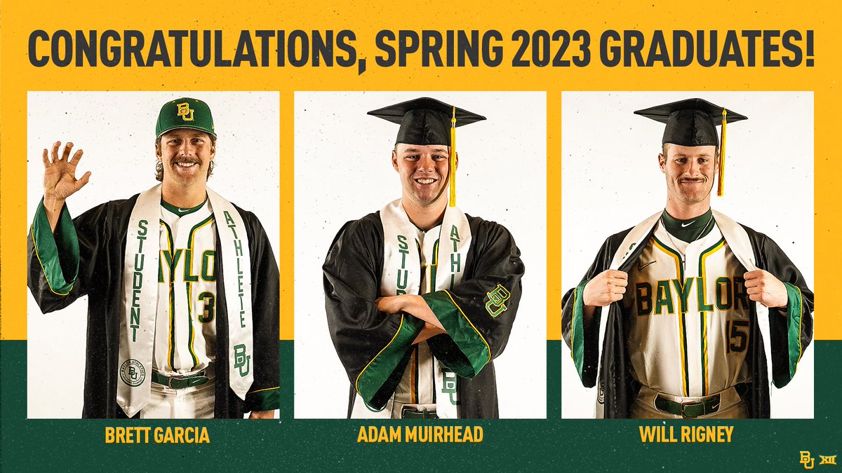 Proud of our Spring 2023 grads!

🎓 <a href="/BrettG62/">Brett Garcia</a> 
🎓 <a href="/acmmuirhead/">Adam Muirhead</a> 
🎓 <a href="/Wrigney5/">Will Rigney</a> 

#SicEm 🐻⚾️ | #Together