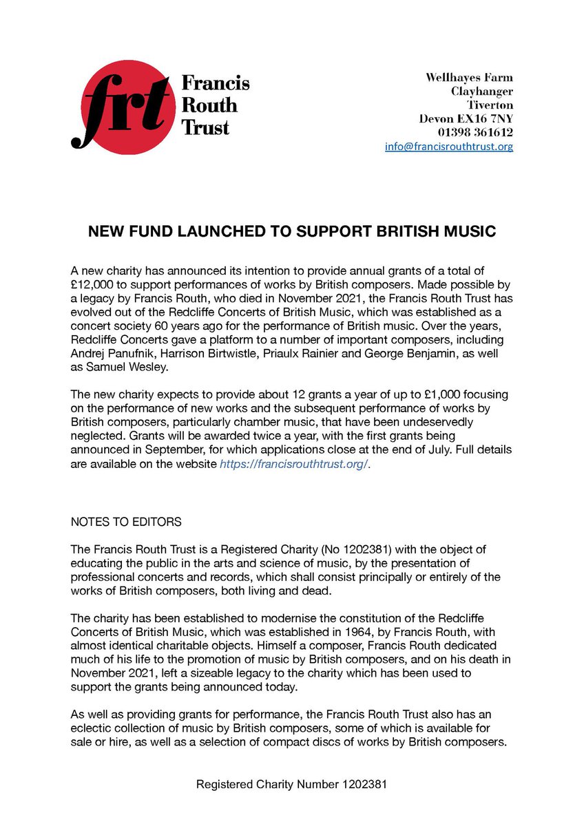 FRouthTrust's tweet photo. 📣 Announcing a new fund to support performances of British music! Check out our press release below and find more information on our website. We will focus on supporting performances of new works and subsequent performances of underperformed works. Spread the word! https://t.co/9o7rRxlYg2