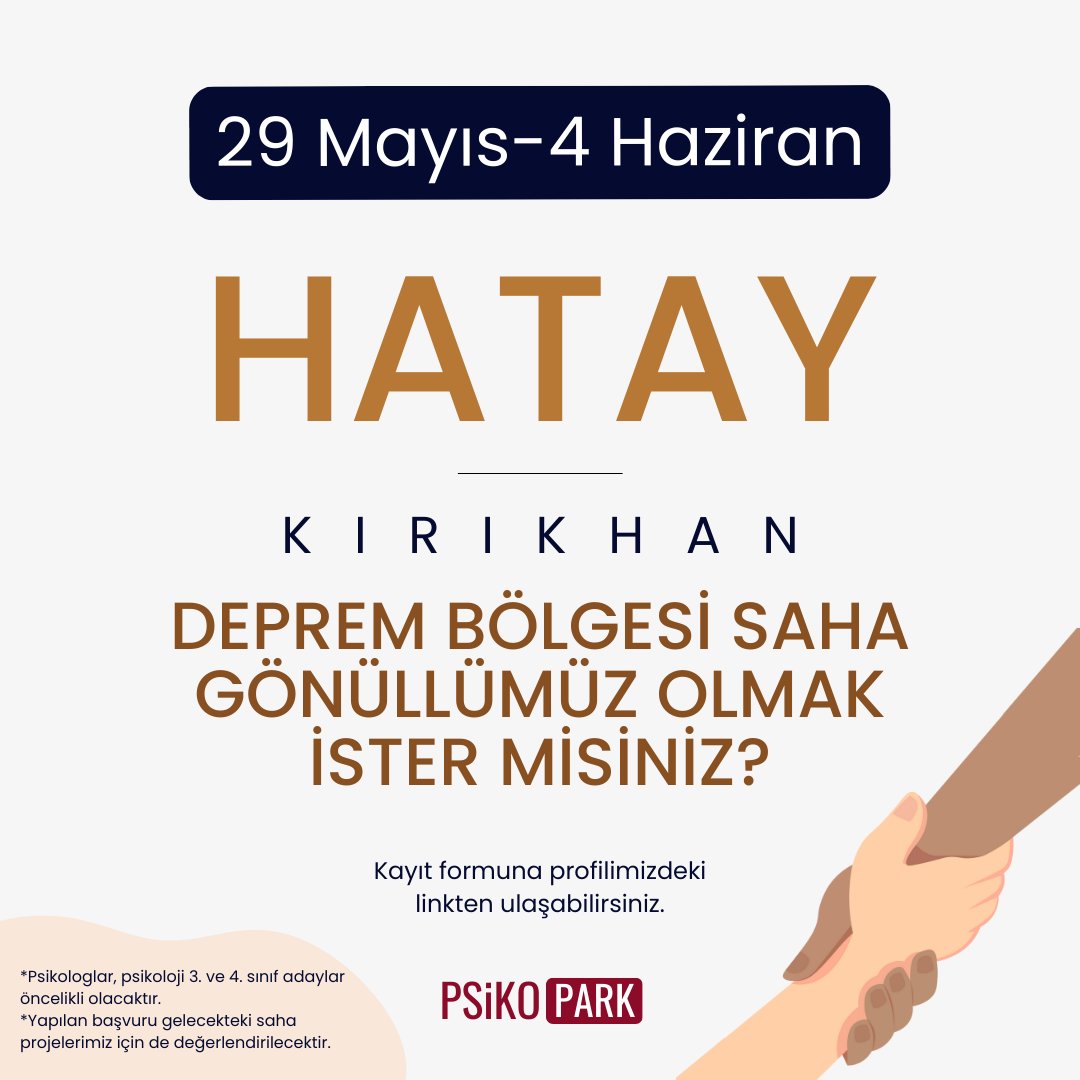Aile Ve Sosyal Politikalar Bakanlığı iş birliğinde 29 Mayıs - 4 Haziran tarihleri arasında Hatay/Kırıkhan'da gerçekleştireceğimiz saha projemizde gönüllü olarak yer almak için linki doldurunuz.
Başvuru formu: lnkd.in/gX4Fz-KQ
#psikoloji #psikososyal #deprembölgesi #gönüllü