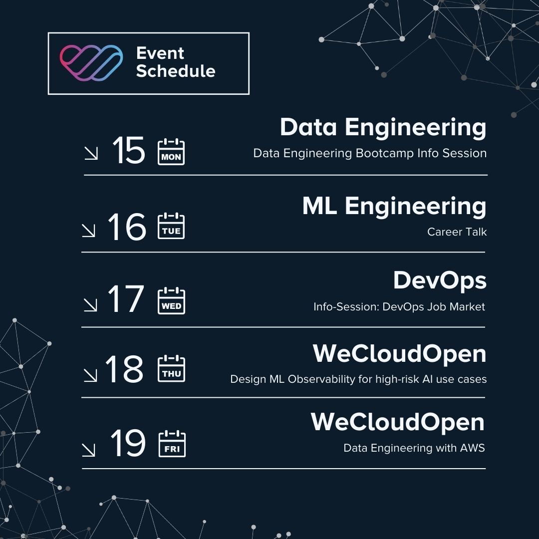 WeCloudData's tweet image. Mark your calendars with our events next week! 📅🚀 
From #WeCloudOpen workshops to #Jobmarket info-sessions, join us for another week of inspiring webinars and connect with like-minded individuals within our community! 

For more information: bit.ly/3zBsoQg
