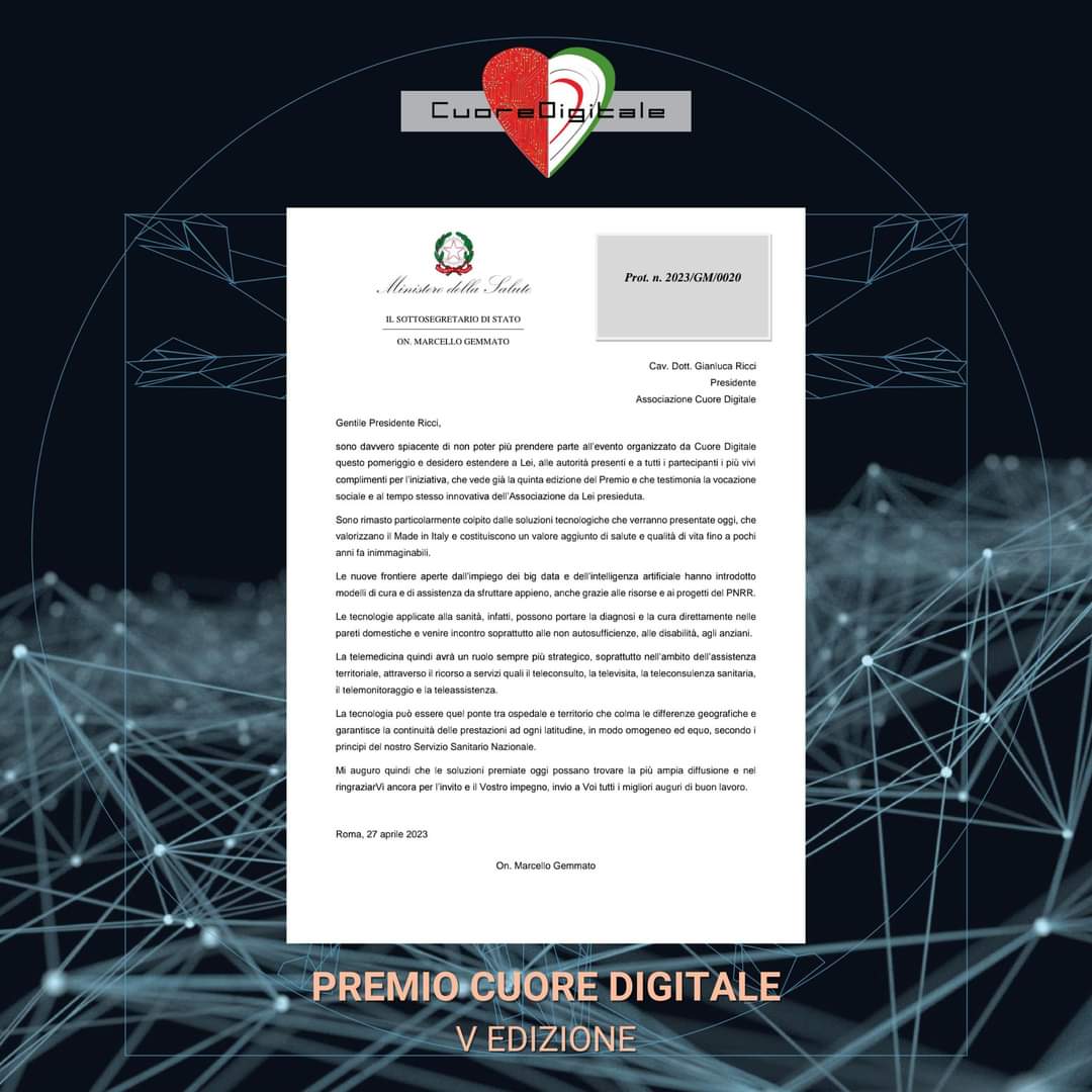 Le soluzioni tecnologiche premiate alla V ed. di #PremioCuoreDigitale, che sono un valore aggiunto di salute e qualità di vita, hanno avuto l'attenzione del Sottosegretario di Stato alla Salute, on. Gemmato, che ringraziamo per il suo messaggio.

 #salute #startup #medtech