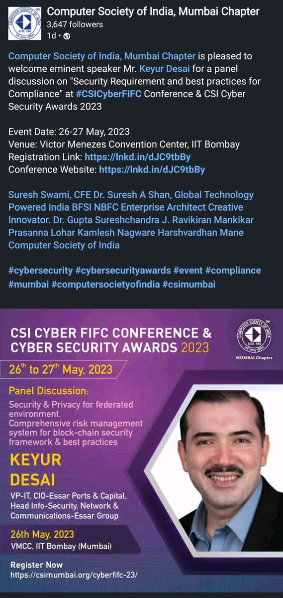 I’ll be sharing my views during the panel discussion at one of the most coveted Cyber Security Conference organised by CSI (Computer Society of India) at IIT Bombay

#ciso #cio #CyberSecurity #informationsecurity #ThoughtLeadership #speaker