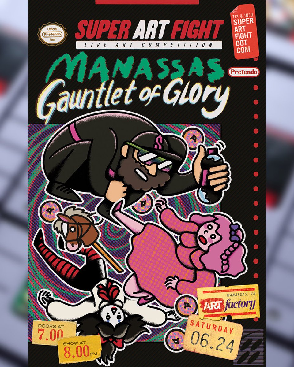 PRESS START TO BEGIN!

Super Art Fight RETURNS to the ARTFactory in Manassas, Virginia this June!

Saturday June 24, we bring you the Manassas Gauntlet of Glory! Five Super Art Fight Artists will run the Gauntlet to win a shot at the Championship! 

Poster designed by @owlyyn