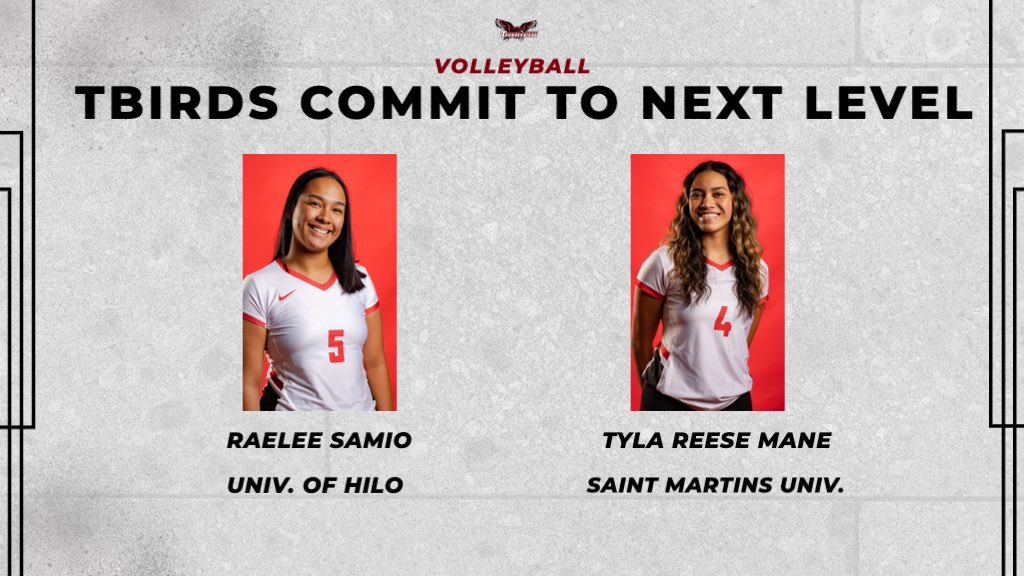 TBirds_VB's tweet image. Congratulations to Raelee Samio and Tyla Reese Mane on continuing their careers. Raelee Samio at Univ. Of Hilo and Tyla Reese Mane at Saint Martins Univ. #CCVB #FlywithUs #All4Casper