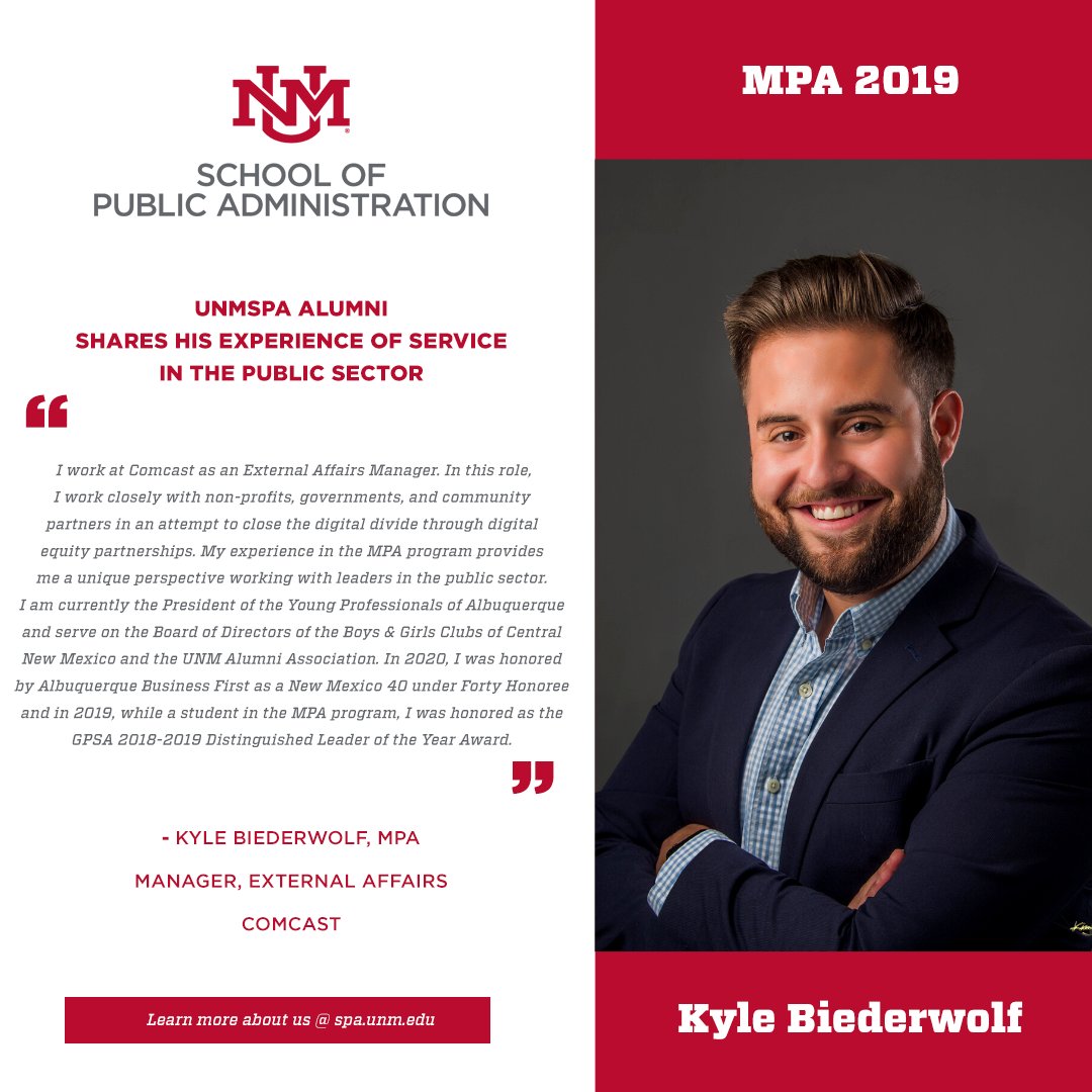 In observance of Public Service Recognition week we spotlight #UNMSPA MPA graduate, Kyle Biederwolf. Thank you for your commitment to #publicservice 
#MPA #WeAreSPA