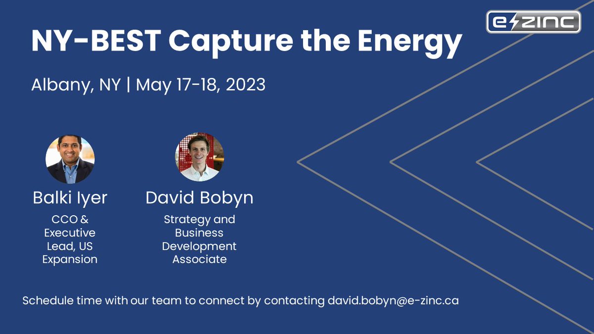 e-Zinc (@ezinc_energy) on Twitter photo Our CCO & Executive Lead US Expansion Balki Iyer will speak at the NY-BEST Capture the Energy Conference next week as part of a panel on long duration energy storage. Want to meet up and learn more? Email david.bobyn@e-zinc.ca to coordinate a time. Our CCO & Executive Lead US Expansion Balki Iyer will speak at the NY-BEST Capture the Energy Conference next week as part of a panel on long duration energy storage. Want to meet up and learn more? Email david.bobyn@e-zinc.ca to coordinate a time.