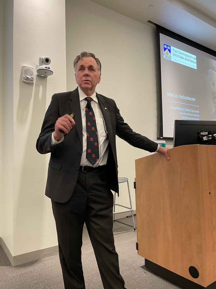 Nobel Laureate Dr. Barry Marshall ⁦@barjammar⁩ lecturing at the UVA Dept of Medicine Grand Rounds. Livestream it now to hear about H. pylori and the journey to the Nobel Prize! livestream.com/tavco/gastricc… ⁦@MedicineUVA⁩ ⁦@uvagastro⁩ ⁦@UvaDOM⁩