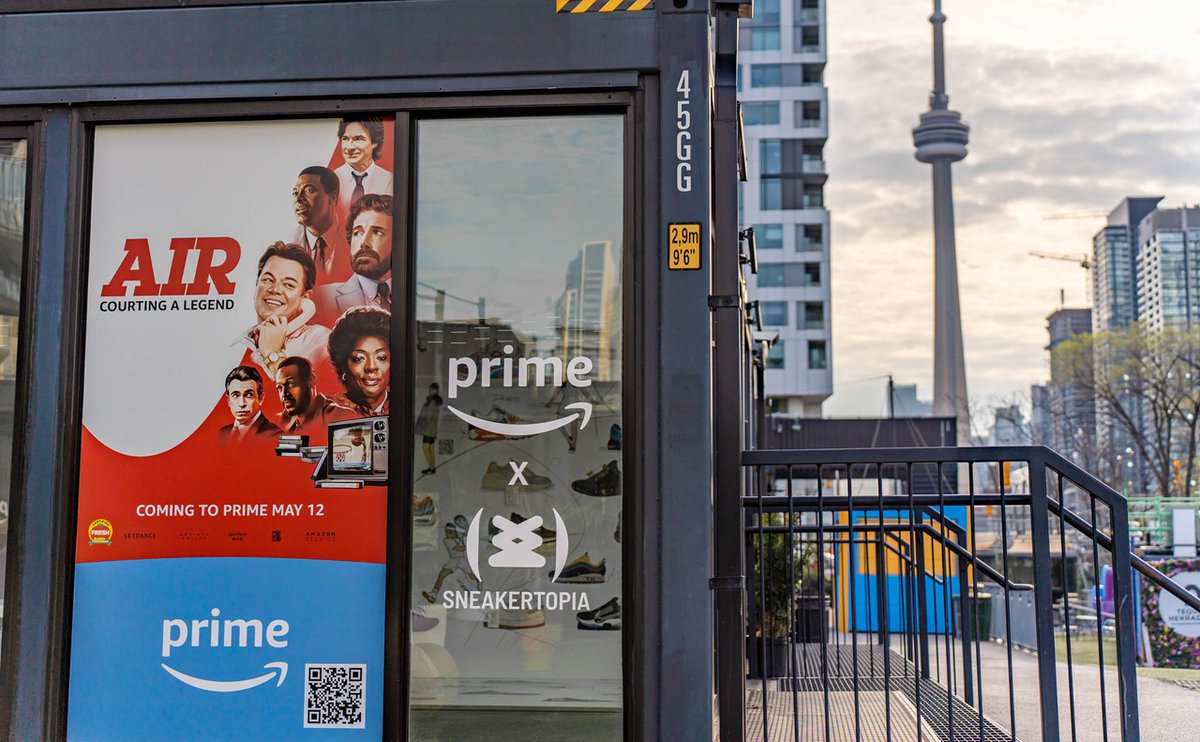 PrimeVideoCA's tweet photo. Calling all sneakerheads 👟 Celebrate the arrival of #AIRMovie with Prime Video and Sneakertopia, the immersive AR sneaker experience and museum making its Canadian debut this weekend at Toronto's STACKT Market.

Join us from 12-8pm today and tomorrow, open and free to all. https://t.co/wc04gXWIoD