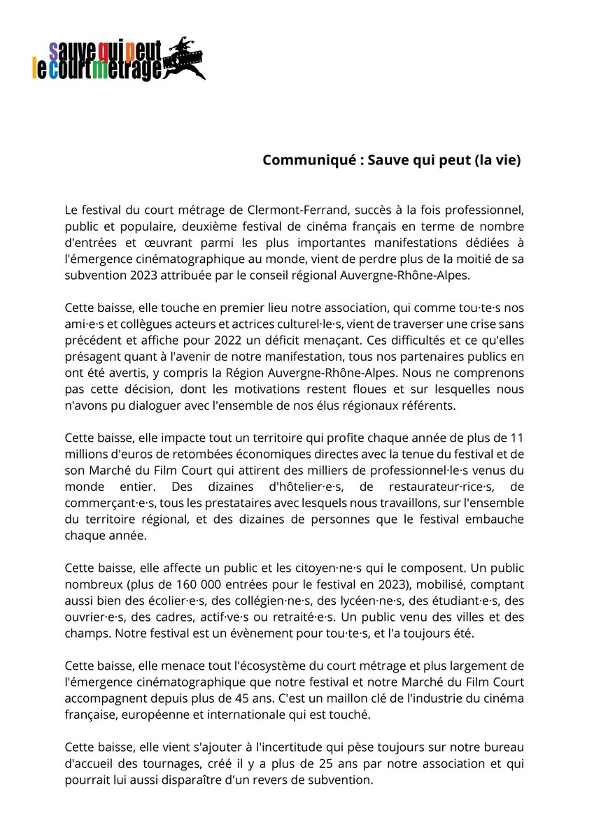 LeCourtClermont's tweet photo. 🔴𝗖𝗢𝗠𝗠𝗨𝗡𝗜𝗤𝗨𝗘́ 𝗗𝗘 𝗣𝗥𝗘𝗦𝗦𝗘
En réponse à l'annonce officielle de la baisse de plus de moitié de sa subvention accordée par la Région Auvergne-Rhône-Alpes, l'association Sauve qui peut le court métrage alerte sur sa situation et celle du festival #ClermontFF. https://t.co/ghpG7UcJJy