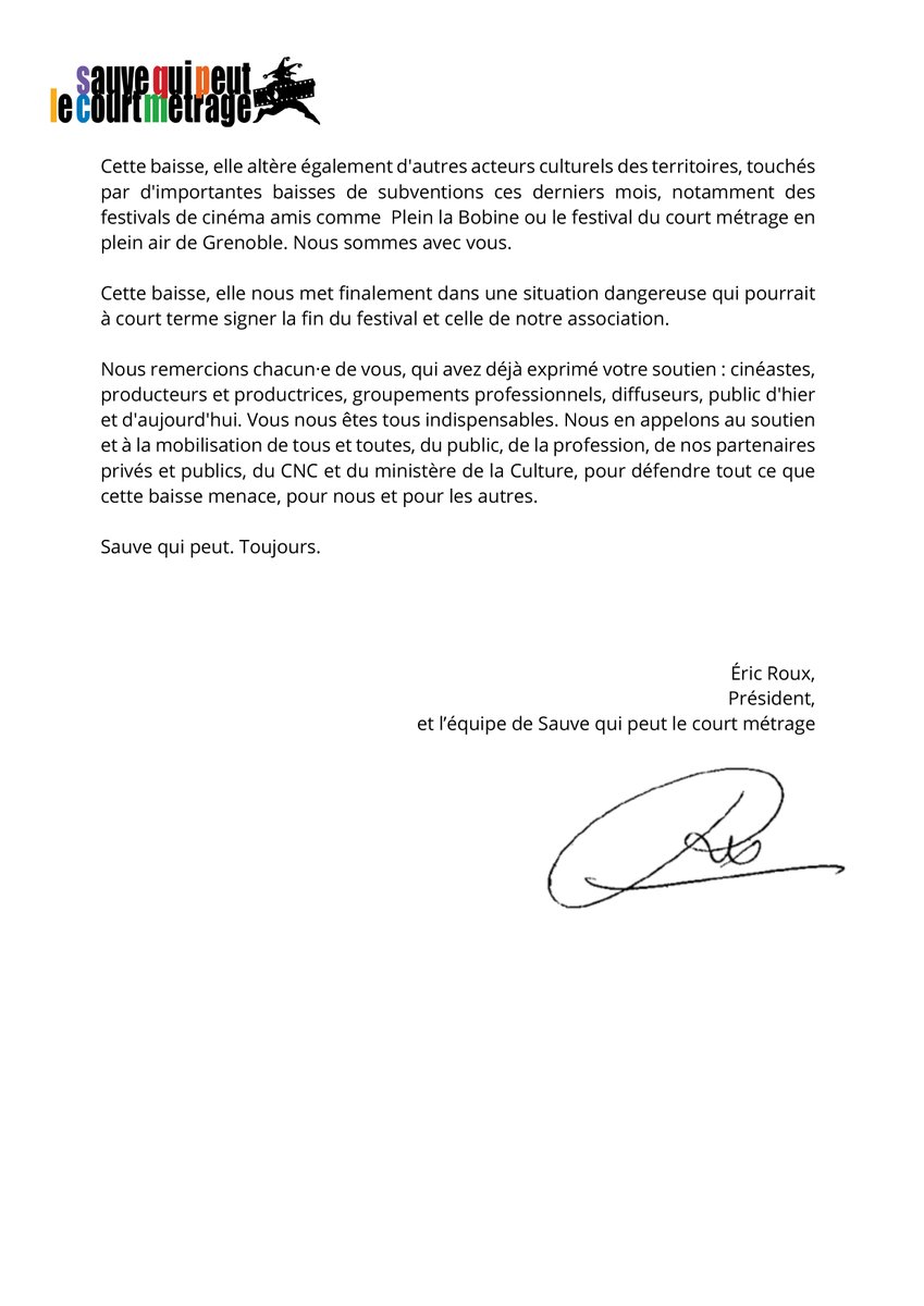🔴𝗖𝗢𝗠𝗠𝗨𝗡𝗜𝗤𝗨𝗘́ 𝗗𝗘 𝗣𝗥𝗘𝗦𝗦𝗘
En réponse à l'annonce officielle de la baisse de plus de moitié de sa subvention accordée par la Région Auvergne-Rhône-Alpes, l'association Sauve qui peut le court métrage alerte sur sa situation et celle du festival #ClermontFF.