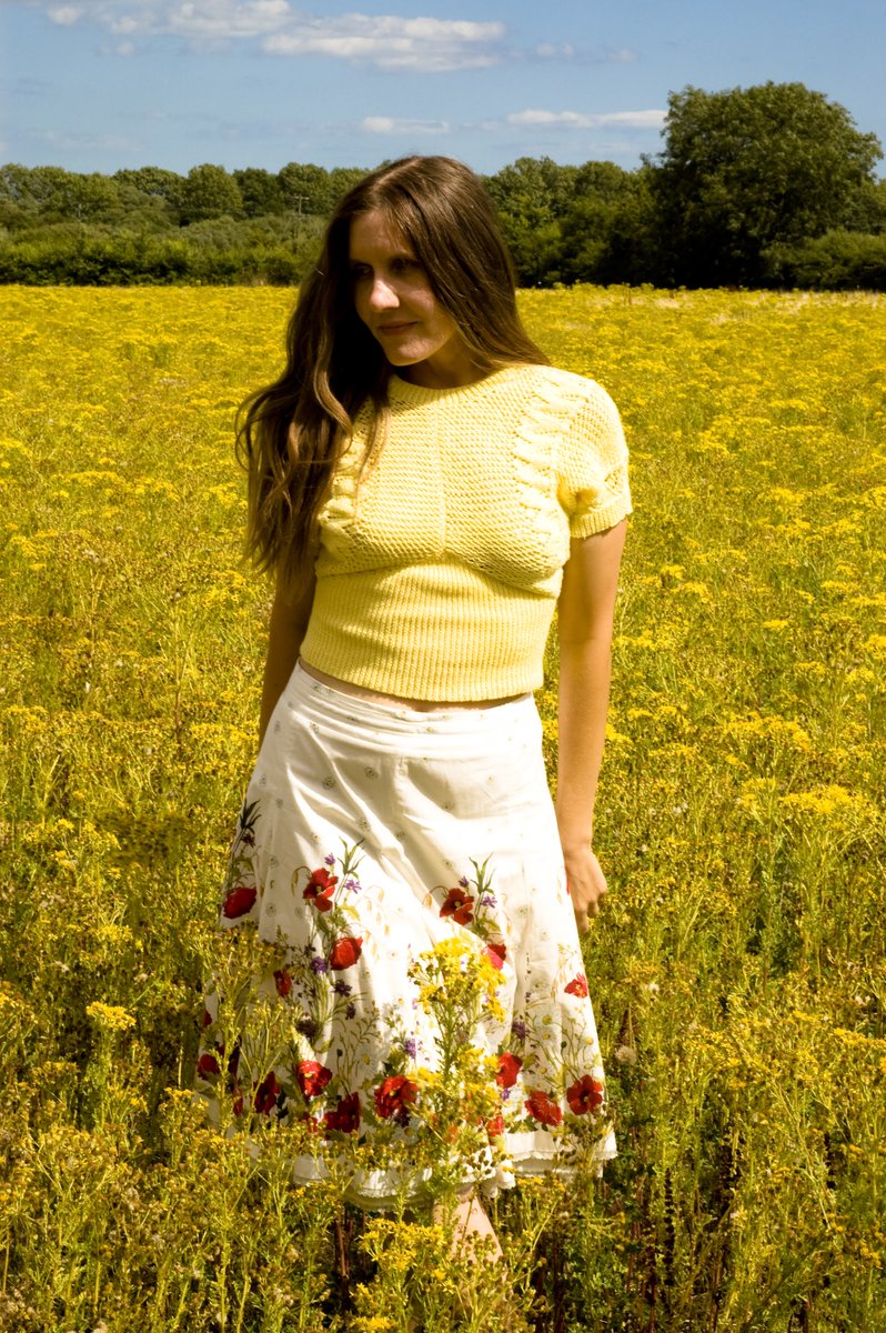 #JaneAir wearing a vintage crochet top and Karen Millen wild flower meadow skirt in a field of ?? Not rapeseed this time although it really is everywhere. #Janeairvintage