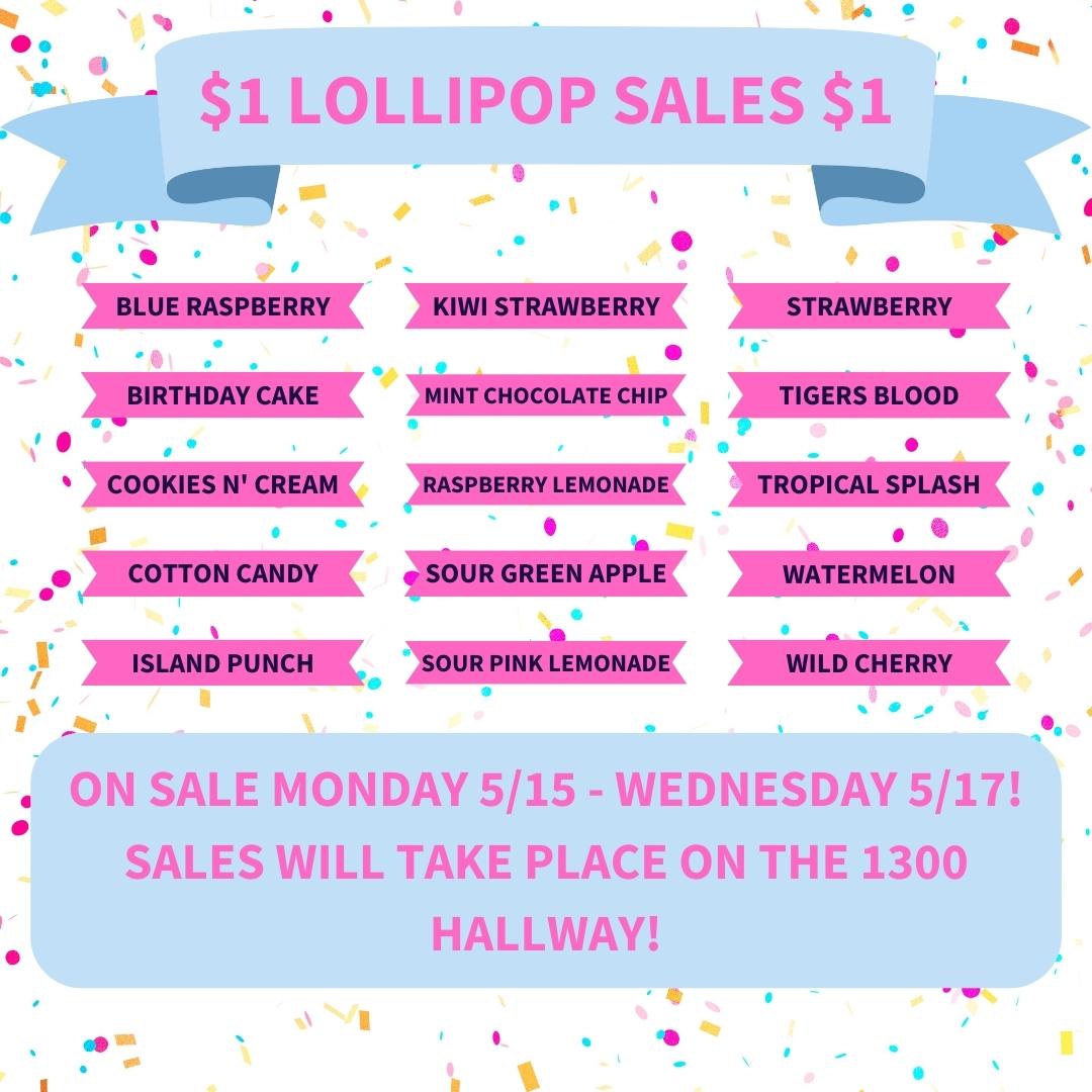 Attention candy lovers! 🍭🍬 Get ready for a sweet treat! 🤩 Our delicious lollipops are on sale for just $1 each! 😍 Don't miss out on this amazing deal - visit us in the 1300 connections hallway from Monday 5/15 to Wednesday 5/17. 🏃‍♀️🏃‍♂️