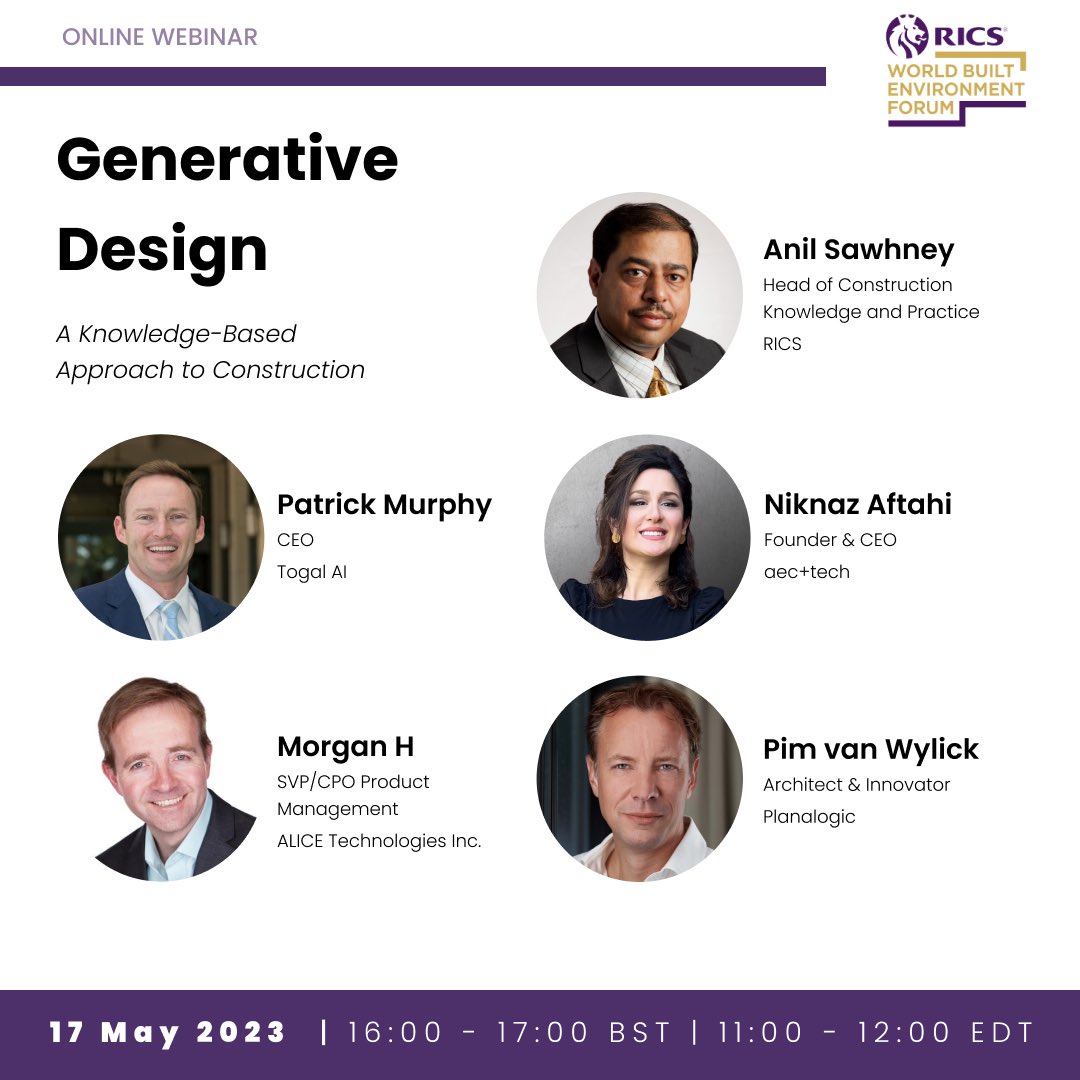 Looking forward to being part of this online webinar about the role #generativedesign &amp; #ai in the AEC industry, organised by <a href="/RICSnews/">RICS</a> 

<a href="/AliceTech_AI/">ALICE Technologies</a> <a href="/togal_ai/">Togal.AI</a> 

You can register here:
rics.org/training-event…