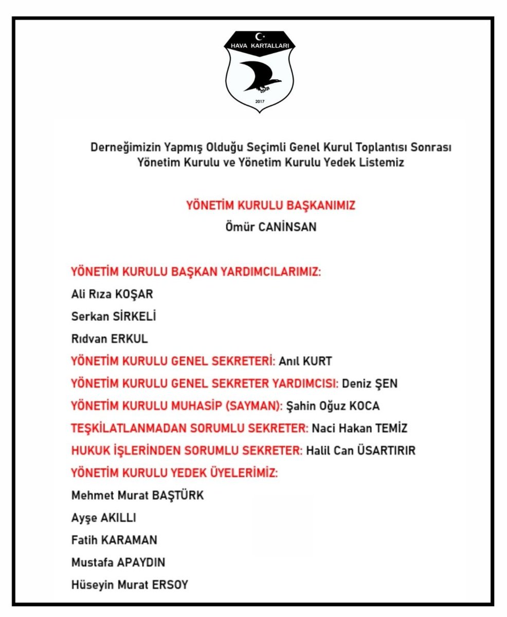 Derneğimizin yapmış olduğu seçimli genel kurul toplantısı sonrası,Yönetim Kurulu ve Yönetim Kurulu yedek listemiz.