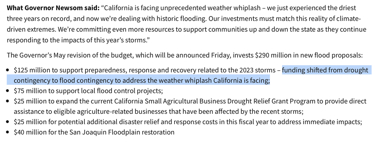 Michael Claiborne (@mikekclaiborne) on Twitter photo Just a few hours after I posted this, <a href="/GavinNewsom/">Gavin Newsom</a> announced cuts to #drought emergency funding in order to add (needed) #flood emergency funding. Unfortunately, both emergencies are ongoing. Robbing Peter to pay Paul isn't going to cut it. Just a few hours after I posted this, <a href="/GavinNewsom/">Gavin Newsom</a> announced cuts to #drought emergency funding in order to add (needed) #flood emergency funding. Unfortunately, both emergencies are ongoing. Robbing Peter to pay Paul isn't going to cut it.