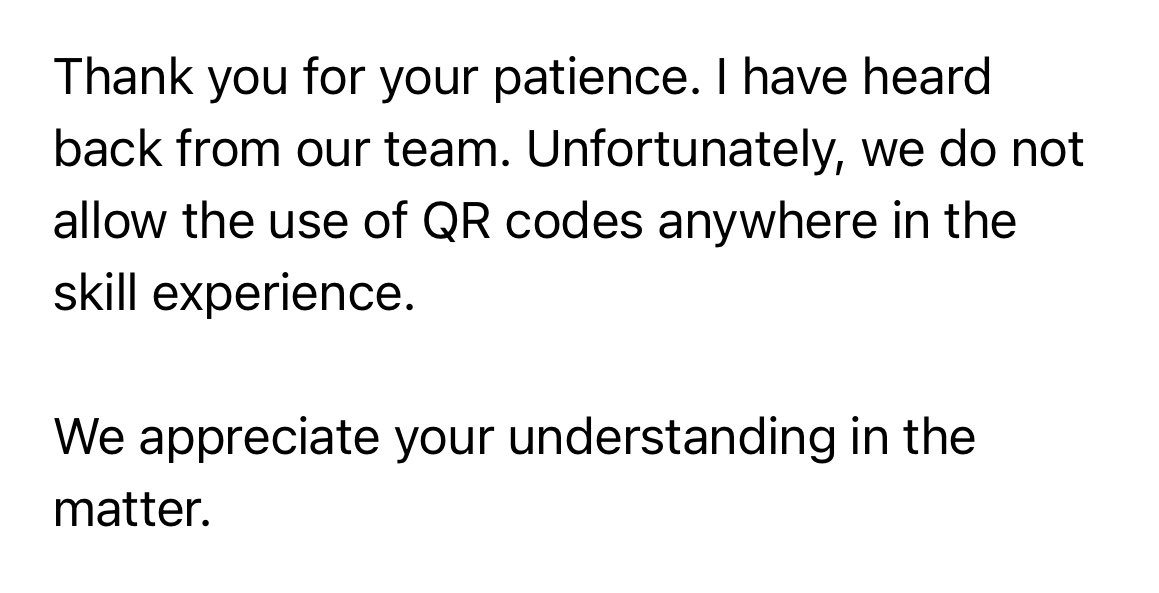 WLANHelfer's tweet photo. So last week @alexadevs took down the wifi helper skill until I remove the QR code. I replied that without QR code the whole skill does not make sense, since I was forced to remove text or voice output of credentials years ago. But that does not change their mind.

skill is 🪦! https://t.co/QOwazVEG6a