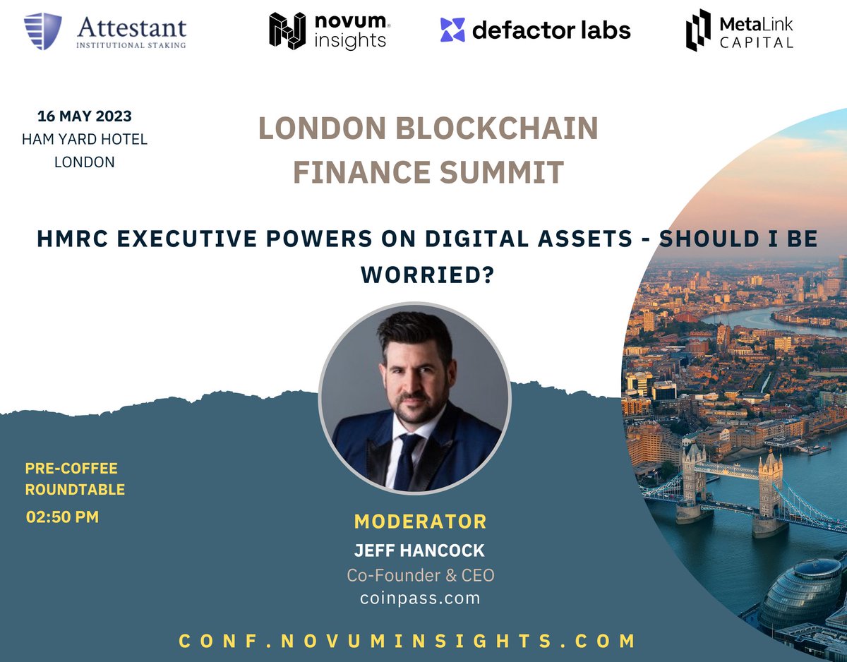 NovumInsights's tweet photo. ๐Pre-coffee Roundtables at #LBFS2023.
๐Ready to uncover the secrets of legal strategies in blockchain and crypto, #HMRC's executive powers on #digitalassets, or the captivating world of #macrotrends and #crypto prices?
Visit https://t.co/BVO70vwgcx and grab your tickets! https://t.co/BxHpYpCoVZ
