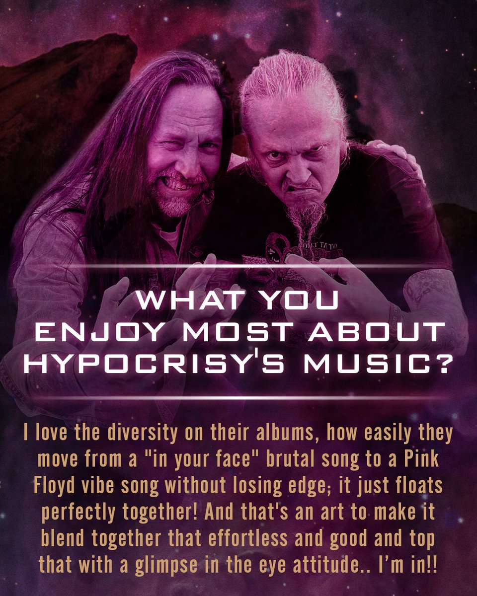 hypocrisyband's tweet photo. โI love the diversity on their albums, how easily they move from a โin your faceโ brutal song to a Pink Floyd vibe song without losing edge, it just floats perfectly together!โ - Niclas Engelin / THE HALO EFFECT
#hypocrisyband #thehaloeffect #nuclearblast #bandmemories https://t.co/rxBCt9JmcQ