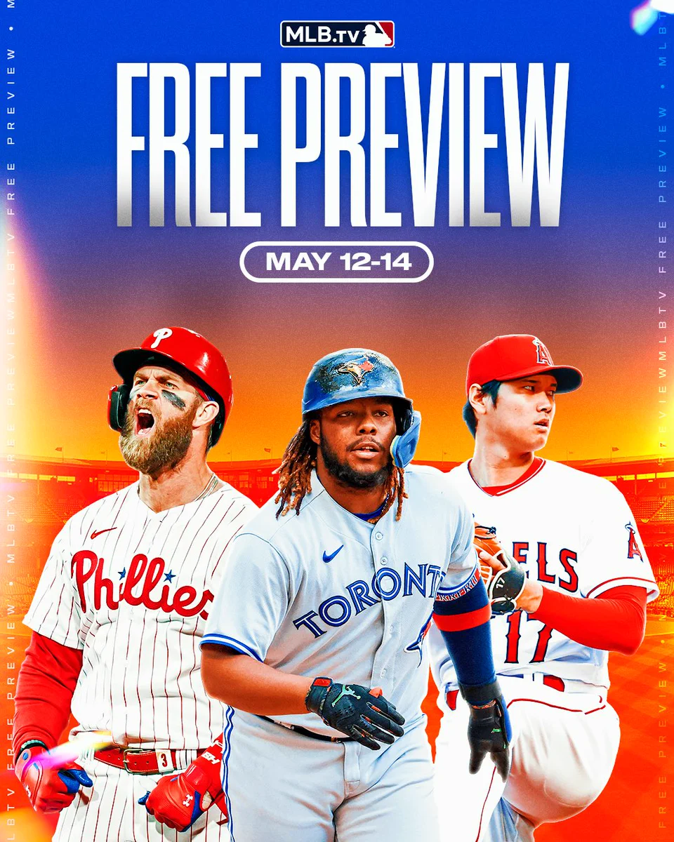 MLB.TV Free Preview: May 12-14
Pictured: Cutouts of Bryce Harper, Vladimir Guerrero Jr. and Shohei Ohtani.