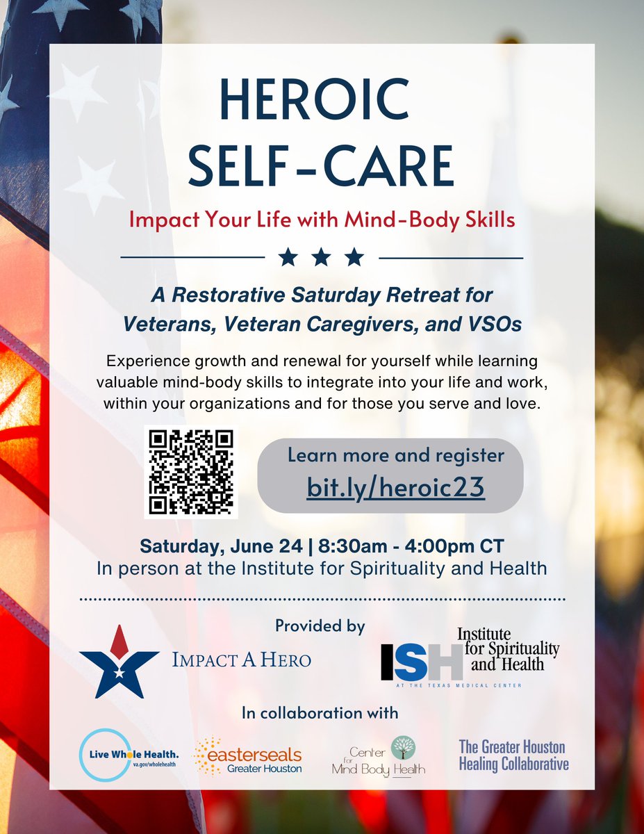 ISH (@ishtmc) on Twitter photo Join us in June for a revitalizing retreat for veterans, veteran caregivers, and VSOs. Brought to you in partnership with <a href="/ImpactAHero/">Impact A Hero</a>, <a href="/eastersealshou/">Easter Seals Greater Houston</a>, <a href="/MindBodyMed/">The Center for Mind-Body Medicine</a>, and the Greater Houston Healing Collaborative!
spiritualityandhealth.org/events/heroic
#ishtmc #impactahero #GHHC #mindbodymed Join us in June for a revitalizing retreat for veterans, veteran caregivers, and VSOs. Brought to you in partnership with <a href="/ImpactAHero/">Impact A Hero</a>, <a href="/eastersealshou/">Easter Seals Greater Houston</a>, <a href="/MindBodyMed/">The Center for Mind-Body Medicine</a>, and the Greater Houston Healing Collaborative!
spiritualityandhealth.org/events/heroic
#ishtmc #impactahero #GHHC #mindbodymed
