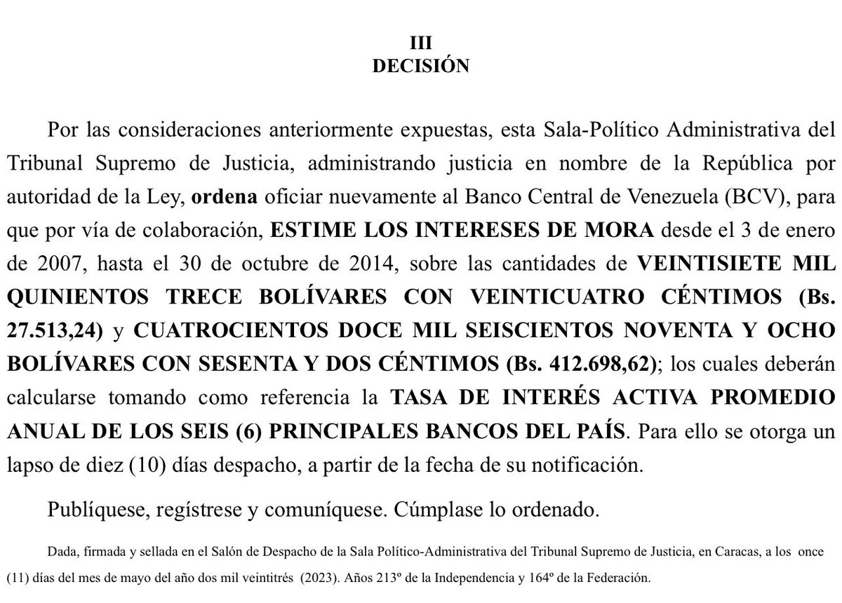 BarbaraCesarS's tweet photo. Sentencia SPA N. 268. 11/4/23 Se reitera que según Art. 128 de la LOTTT la mora en el pago del salario, prestaciones sociales e indemnizaciones, genera intereses calculados a la tasa activa determinada por el BCV, en referencia a 6 pcpales. bancos del país https://t.co/7VEBUaorUh https://t.co/U1sJS91Hnc