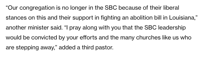 If the <a href="/ERLC/">ERLC</a>, <a href="/bartbarber/">Bart Barber</a>, and other SBC leaders continue opposing the abolition of abortion, expect Baptist churches to continue coming out from among them. Great reporting from <a href="/BenZeisloft/">Ben Zeisloft</a>.

dailywire.com/news/sbc-sees-…