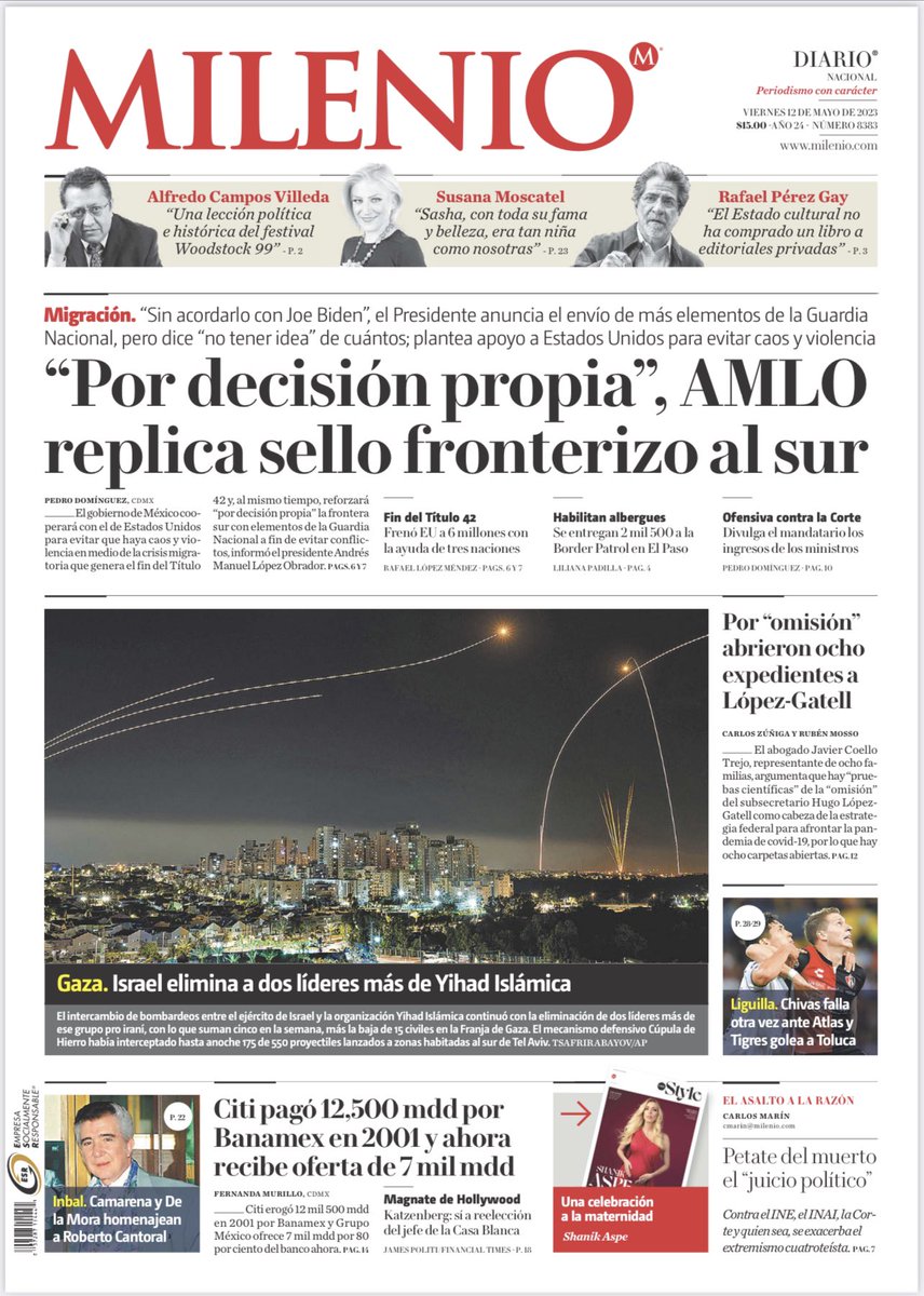 ¡Viernes! Hoy, en <a href="/Milenio/">Milenio</a>:
Envían Guardia Nacional al sur. <a href="/PedroDFajardo1/">Pedro</a>.
Escala del sufrimiento: 6 millones de migrantes rechazados en últimos 3 años en Mx y Centroamérica. <a href="/Rafaelopez_Mend/">Rafael Lopez Méndez</a>.
La devaluación de Banamex. F Murillo.
Los ocho expedientes contra Gatell. <a href="/moss_rub/">Rubén Mosso</a>.