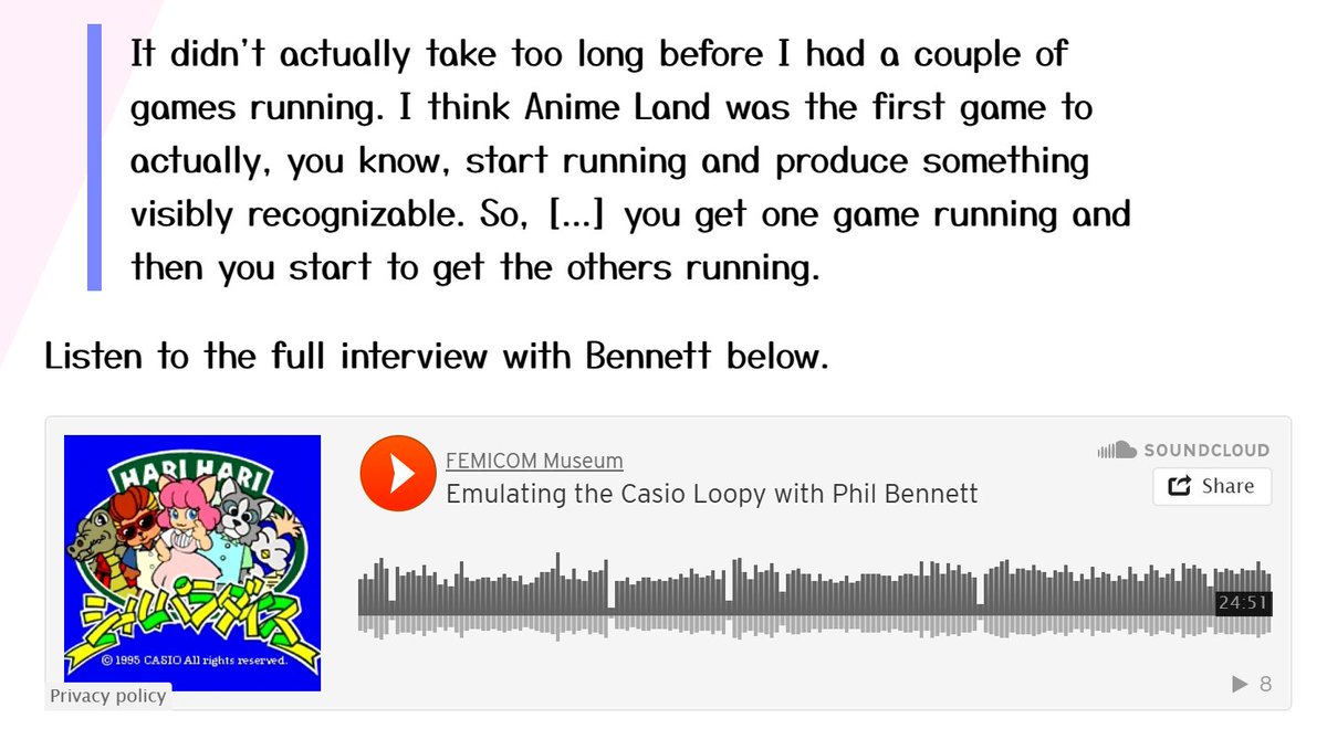The Casio Loopy remains one of the most intriguing mysteries in retrogaming, in part because the 90s-era console has never been emulated. But thanks to the efforts of folks like <a href="/PhilBennett3D/">Phil Bennett</a>, that is finally starting to change.

femicom.org/research/emula…