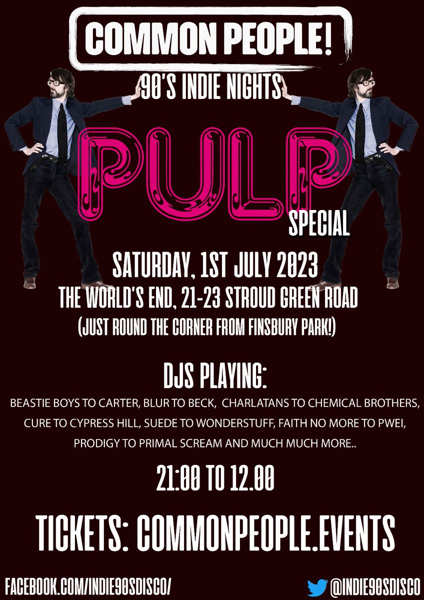 Indie90sDisco's tweet photo. Happy Friday Common People
While you wait for the sun we've got some hot gigs coming up!
Tring Sat 3/6
https://t.co/1tPIV0DAfE
Ely Sat 17/6
https://t.co/1XkNvj8Bmj
Pulp special Finsbury Park 1/7 round the corner from the Pulp gig!
https://t.co/TAkzUMM6ik
See you on the dancefloor https://t.co/o3AQjIm3Sd