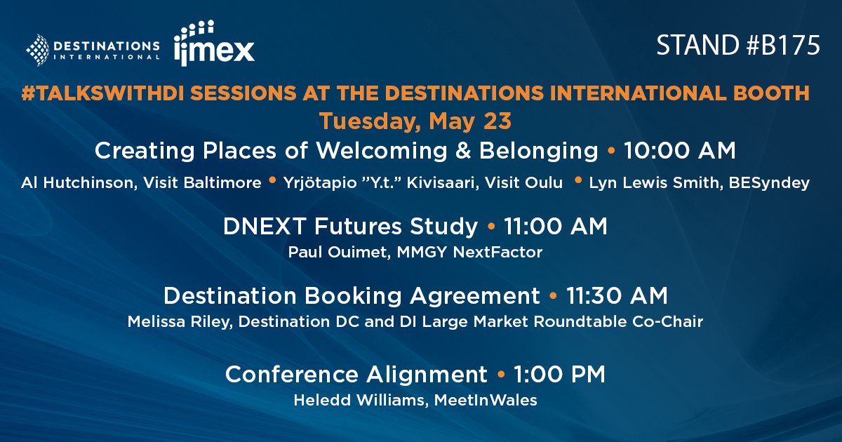 destintl's tweet photo. DI is excited to have a booth this year at #IMEX23. We have numerous #TalksWithDI sessions happening throughout the show. Mark your calendars for these quick thought leadership Ted Talk-style sessions. No registration required, just stop by the booth. https://t.co/jlUsxy2ez1