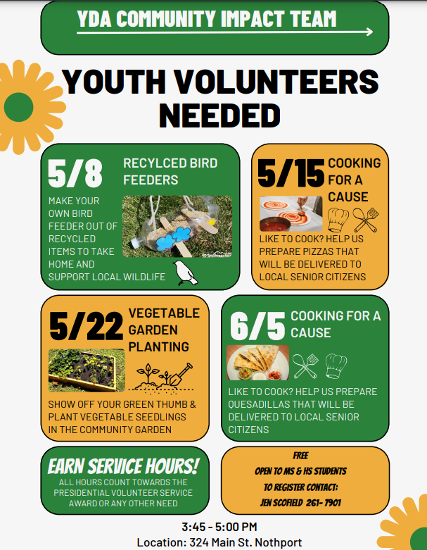 YDA_Outreach's tweet photo. Need community service hours? Join us for YDA's Community Impact Team projects - Cooking for a Cause and planting a vegetable garden! @ENMSTIGERS @NPTigers @Oldfield_MS @Elwood_Super @Northport_HS @JohnGlennHS @HarborfieldsHS https://t.co/Y86LFIgDKe