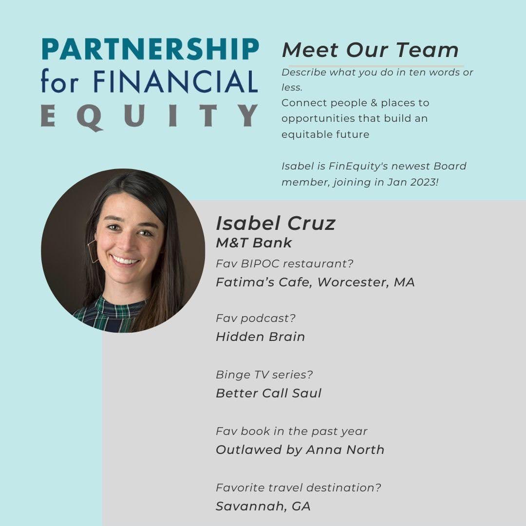 Fin_Equity's tweet photo. Great hire by @MandT_Bank to add Isabel Cruz, formerly @mhphousing, as its regional #CommunityReinvestmentAct officer in Eastern Mass. Big bonus for us - she joined our board in January! #FinEquityFriday #mapoli https://t.co/sgBzT179pz