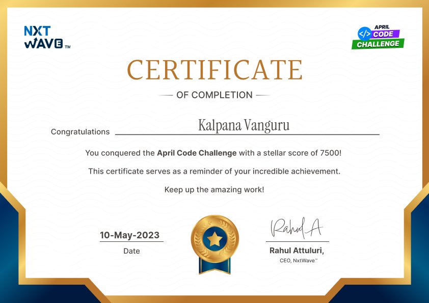 KalpanaVanguru's tweet image. Hello all..!!!
I am happy to share my certificate of completion in April code challenge
•••THANKYOU NXTWAVE•••
@nxtwave_tech @rahulattuluri #ccbpacademy
#aprilcodechallenge