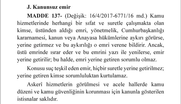 <a href="/umitozdag/">Ümit Özdağ</a> <a href="/balciktarlasi/">Balçık Tarlası</a> "EMİR KULUYUM" DİYE BİR ŞEY YOK!

BUNU YAYALIM ARKADAŞLAR.

BİLMEYEN KAMU GÖREVLİSİ OLABİLİR, UYARMIŞ, BİLGİLENDİRMİŞ OLALIM.

Anayasanın 137. Maddesi (Kanunsuz emir)
"Konusu suç teşkil eden emir, hiçbir suretle yerine getirilmez; yerine getiren kimse sorumluluktan kurtulamaz."