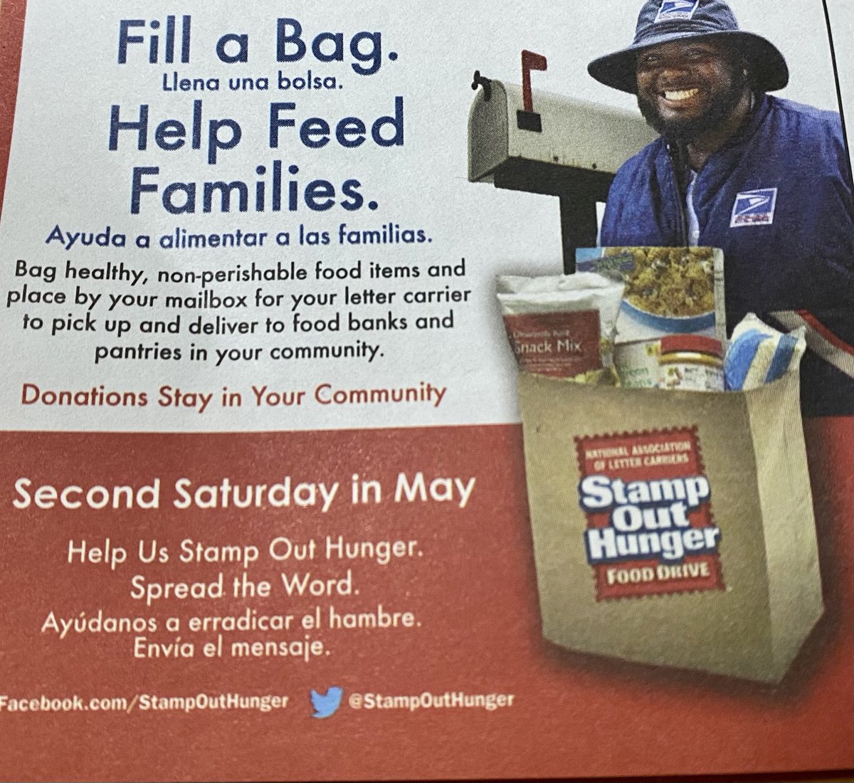 Please donate to help Stamp Out Hunger in our community. Tomorrow put out food items and your mail person will bring them to food banks serving our Broward families. Thank you!